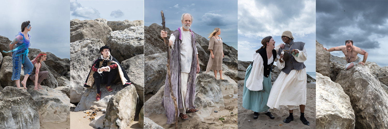 Ariel, Ferdinand,Prospero, Miranda, Trinculo, Stephano and Caliban in The Tempest